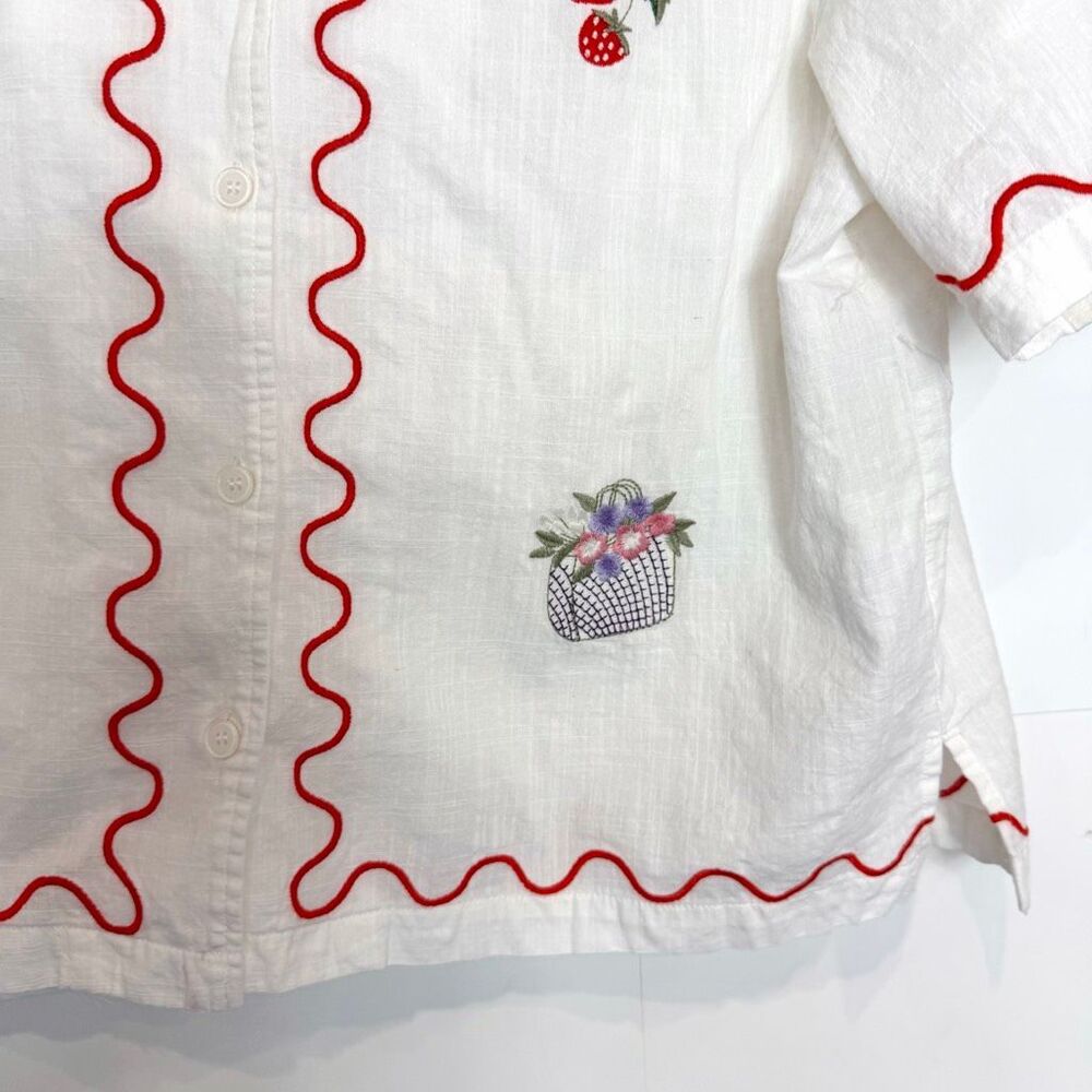 In Loom Embroidered Shirt Button Up Strawberry Lemon Picnic Short Sleeve Scallop - Picture 10 of 13